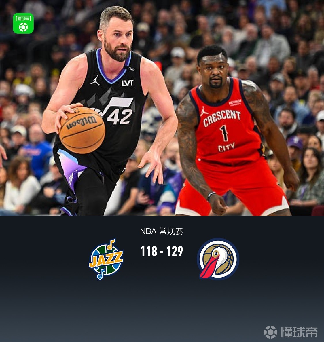 鹈鹕129-118爵士取3连胜，萨迪克-贝42+5+7，锡安20分